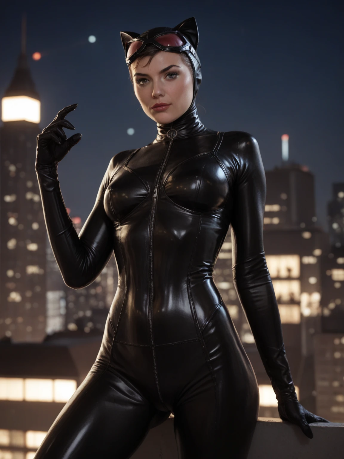 score_9, score_8_up, score_7_up, score_6_up, score_5_up, score_4_up, realistic style, photorealism, catwoman, in a black latex outfit, athletic build, posing on the roof of a skyscraper, action pose, looking at the viewer, night, dark lighting, depth of field, bokeh, tag1,  tag2