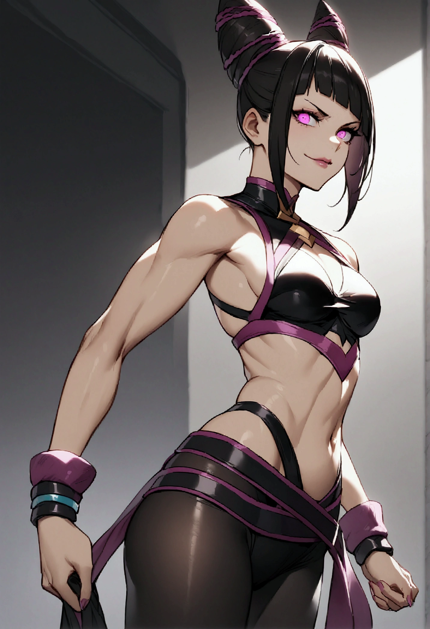 juri han,beautiful young fitness woman with ,dressing May in black pantyhose, Tight black shirt. standing alone,hair horns,glowing purple eyes,Evil smile,legging preto juri han,labiaa