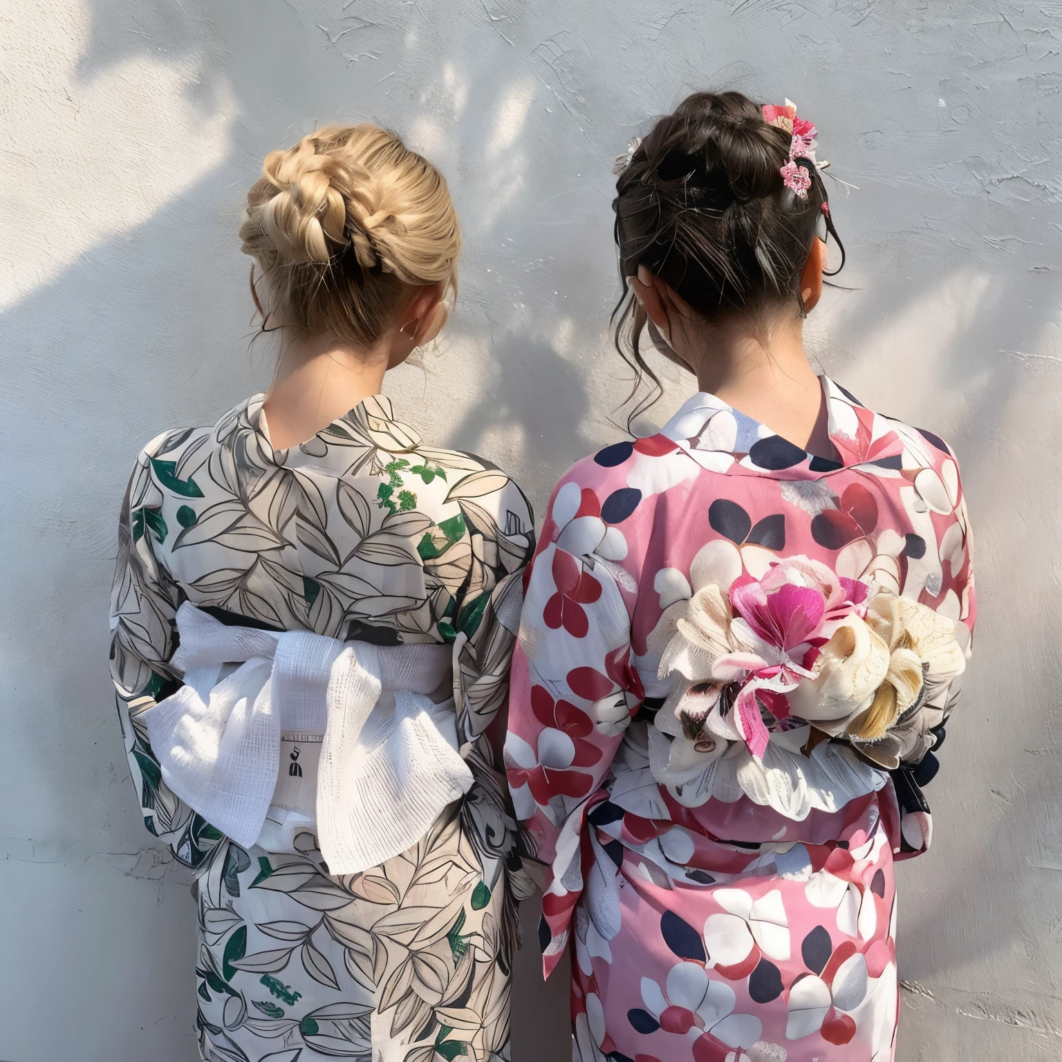 ((Highest quality)), ((masterpiece)), (detailed), (((back of head))),(Blonde),(2人ともBlonde),(ペアルックのyukata),(Cute hairstyle),(yukata), yukata,Back view,White skin Japanese woman,Pink kimono,Beautiful Obi,Cute hair accessories,Good friends