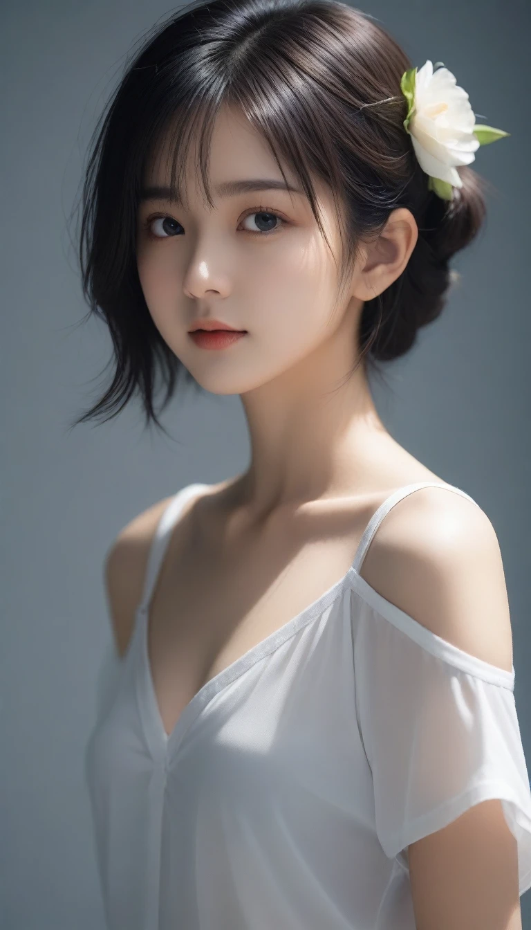 1 girl , short hair, Bun hairstyle, Upper Body, Close-up photo , full breasts, Chest bulge, rain , Street View.