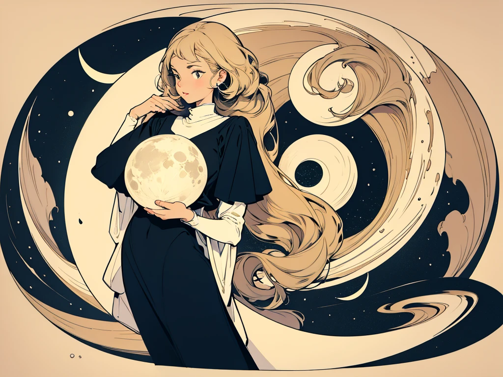 8 Phases of the Moon in vintage art. Flat color and beige background