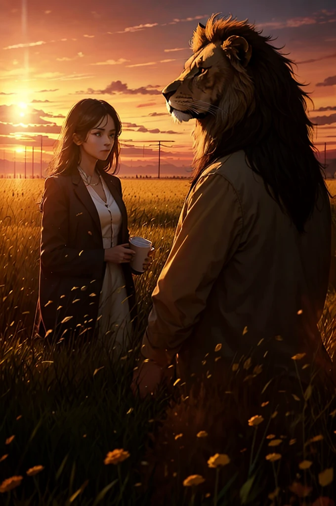 A couple , a giant lion behind them, on a sunset field