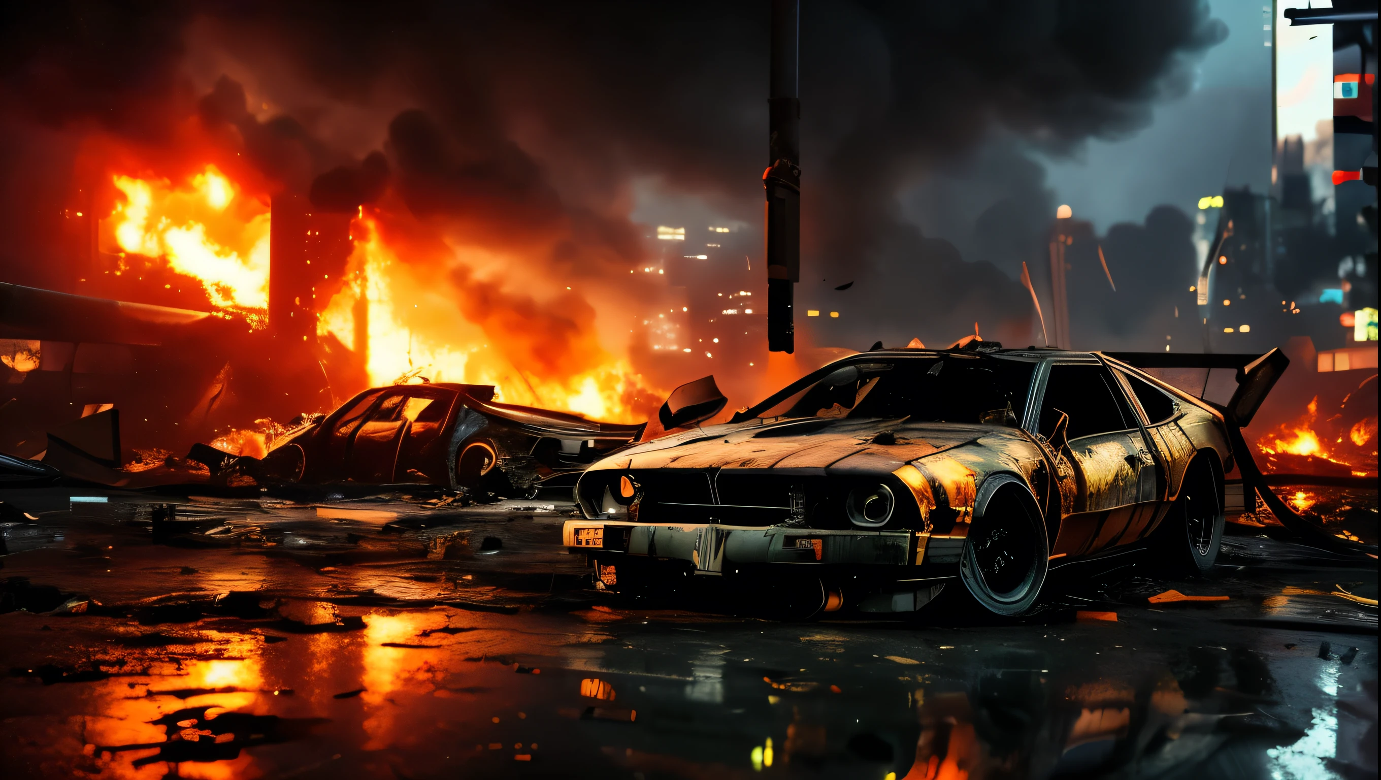 A burning car after a crash, cyberpunk, apocalips world, lots of people, crashed plane