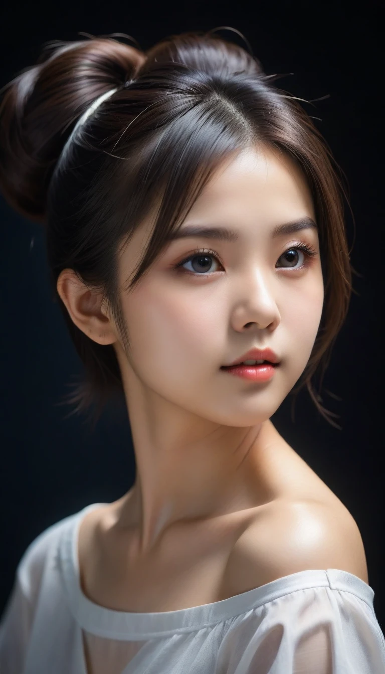 8k, Ultra-high resolution, Highest quality, masterpiece, 三分割法によるphotograph,Surreal, photograph, 1 Girl, (:1.3), pretty girl, Cute Face, Beautiful eyes in every detail, 細かくdetailedに,masterpiece,One Girl:1.2,Japan Female Teachers,extream close up,glaring,Black short hair,Messy bun hair,(印象派の美しい少女のPortraiture),(Impressionist light and colour), (Avant-garde attire:1.3),(Fairy,Shiny Hair, Beautiful dark eyes, So cute and beautiful,16 years old0.8),Sharp contours,Looking down, (A future never imagined), ((Abstract background)), Light from above, Low contrast, (Side view),, Perfect and beautiful face ,完璧でCute Face, Skin with attention to detail, Perfect limbs、Narrow waist,Looking at the audience,(((Ideal body type))),A cup small breasts :2,Portraiture:2,Perfect Anatomy,鮮明なdetailed,detailed,Surreal,Light and shadow,stage lights