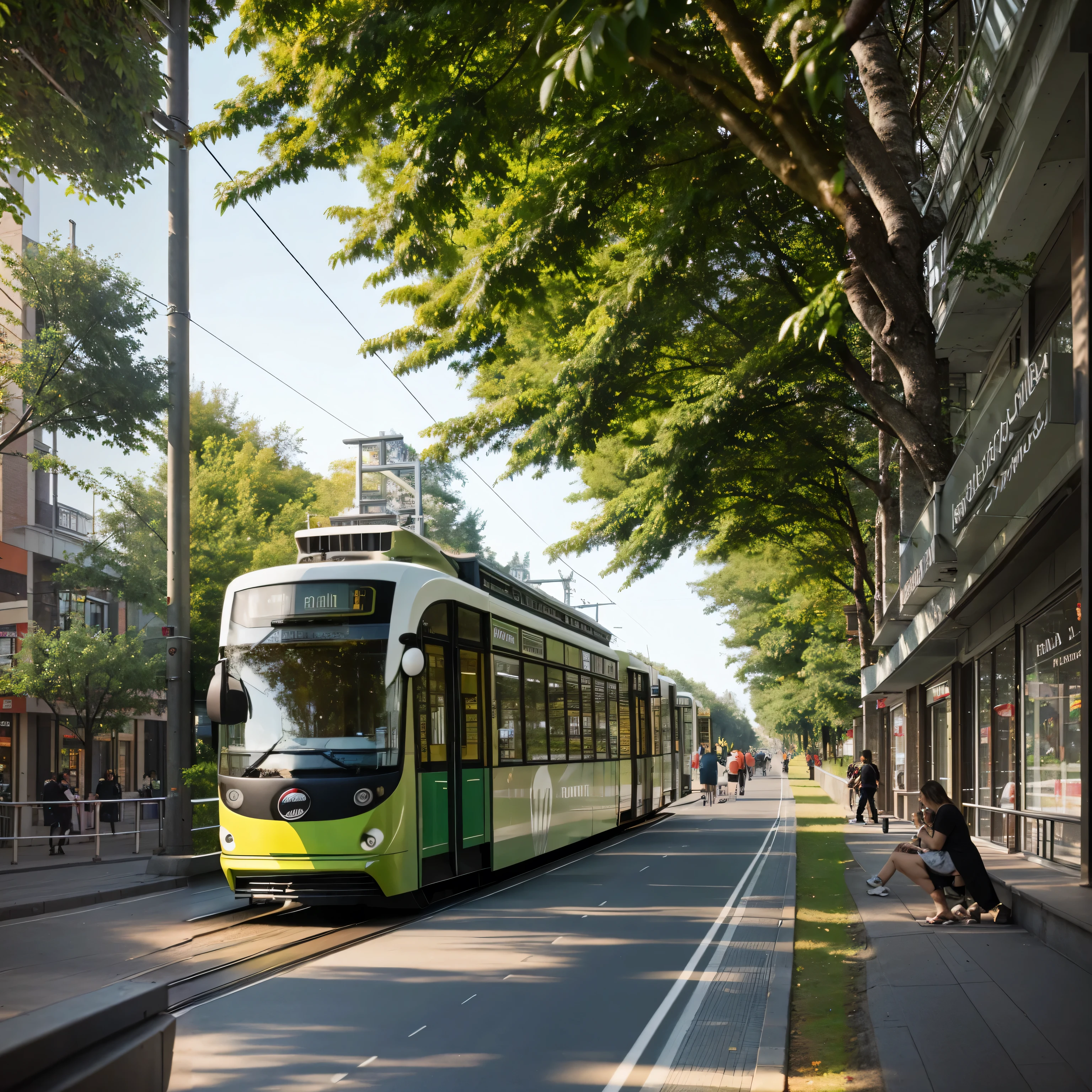 on one side add one more tram, on the other side add more urban context, more people, Restaurants, tables, Chairs, Malls