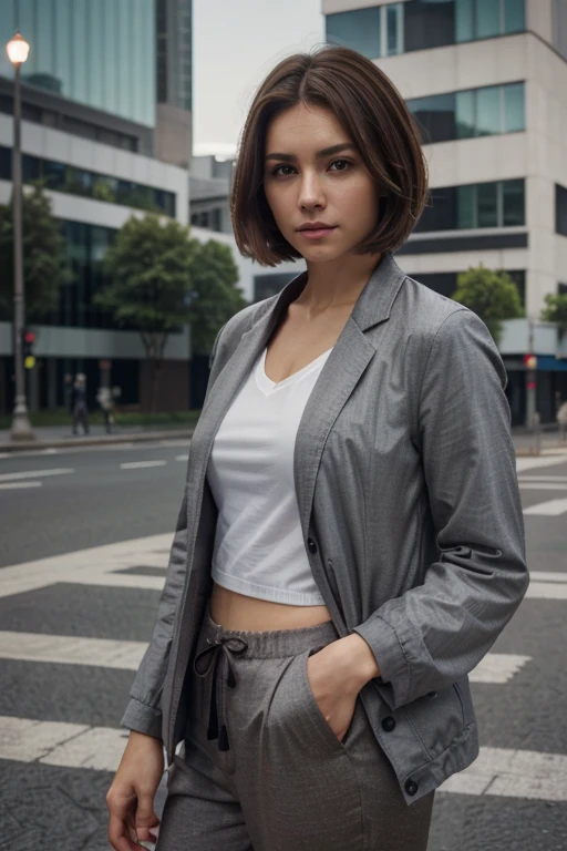 ((European appearance type)). realistic、realistic、real raw photo、(full-length portrait)、((brown hair-short haircut, bob))、(gray jacket)、(gray long pants :1. 1)、Business style clothes, shoes、Business pose, Modern architecture in the background、Perfect anatomy, perfect hair, perfect body, perfect hands, perfect face, perfect green eyes, accurate, Anatomically correct, Perfectly clear and sharp focus, Top quality、Ultra-high resolution, masterpiece, Ultra-realistic、Professional lighting.