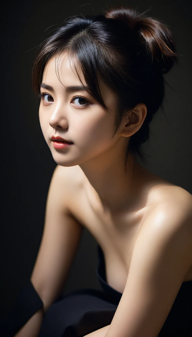 8k, Ultra-high resolution, Highest quality, masterpiece, 三分割法によるphotograph,Surreal, photograph, 1 Girl, (:1.3), pretty girl, Cute Face, Beautiful eyes in every detail, 細かくdetailedに,masterpiece,One Girl:1.2,Japan Female Teachers,extream close up,glaring,Black short hair,Messy bun hair,(印象派の美しい少女のPortraiture),(Impressionist light and colour), (Avant-garde attire:1.3),(Fairy,Shiny Hair, Beautiful dark eyes, So cute and beautiful,16 years old0.8),Sharp contours,Looking down, (A future never imagined), ((Abstract background)), Light from above, Low contrast, (Side view),, Perfect and beautiful face ,完璧でCute Face, Skin with attention to detail, Perfect limbs、Narrow waist,Looking at the audience,(((Ideal body type))),A cup small breasts :2,Portraiture:2,Perfect Anatomy,鮮明なdetailed,detailed,Surreal,Light and shadow,stage lights
