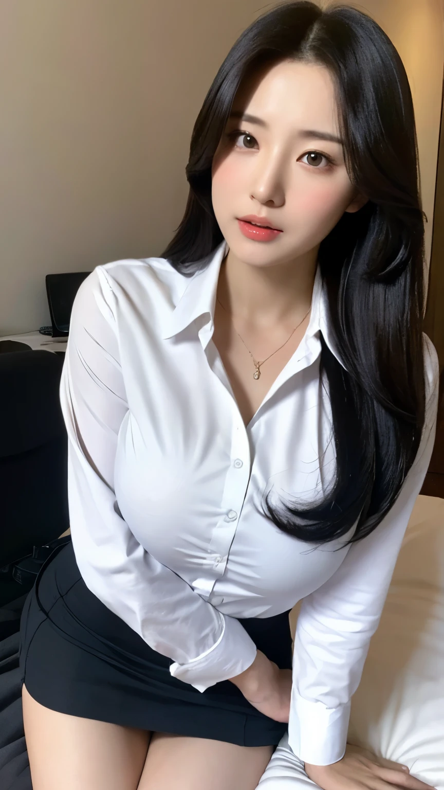 a beautiful woman,black hair,Huge breasts,Huge breasts,The bust is really big,Business shirts and skirts,Female office worker,Strike sexy poses,on the bed,Express,No shirts,OK,