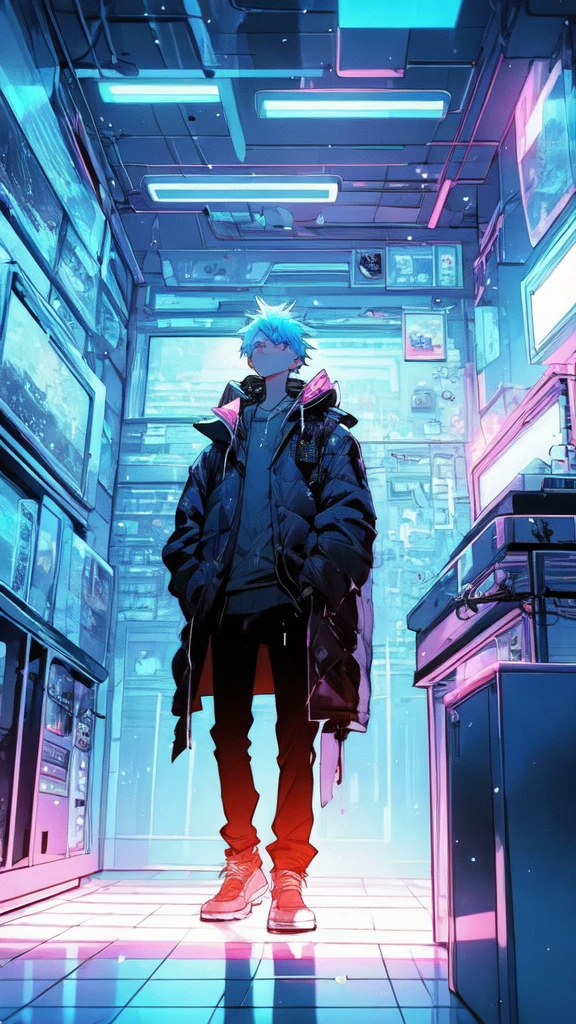 A serene room with soft lighting, showing a comfortable and cozy atmosphere. Cyberpunk elements like neon lights in the background