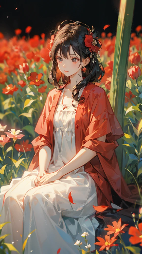 image of a girl in a dress is in a field of red flower, 1girl, flower, field, solo, red dress, dress, black hair, flower field