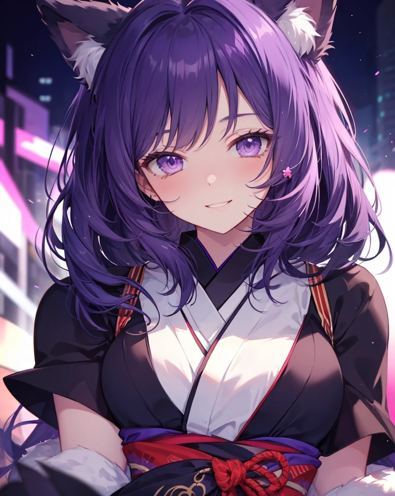 Portrait of a 24 years old catgirl smiling and winks. She has purple hair with black reflexes and fluffy cat ears. She's sexy, bare shoulders, super cool assassin's kimono.
Random anime scenery.