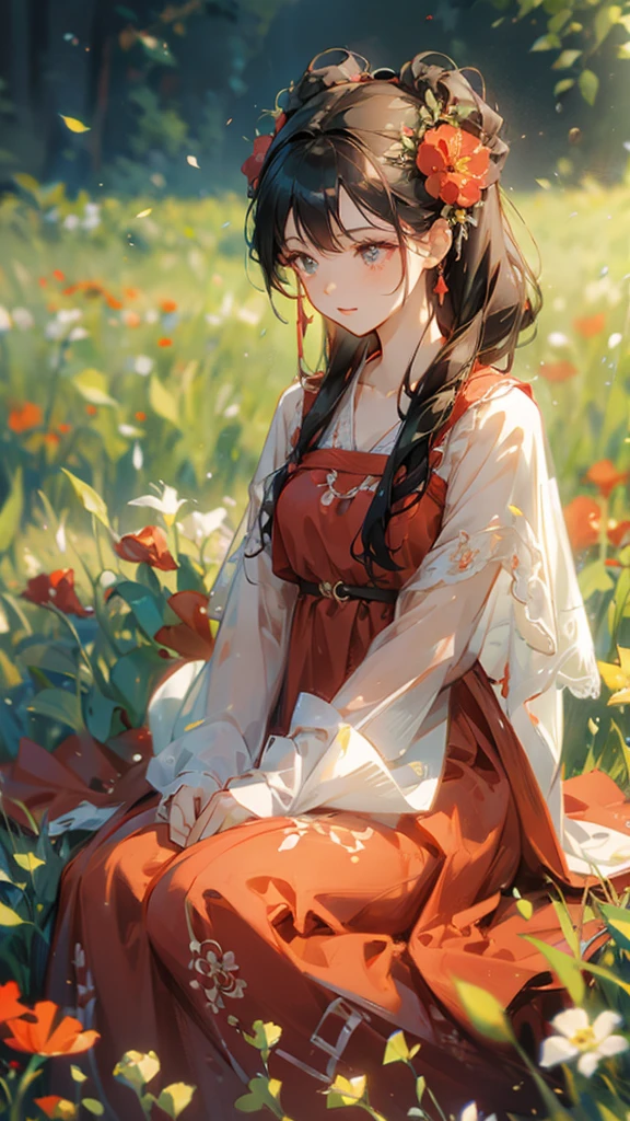 a woman wearing a dress and red head scarf sitting in a field of poppies, 1girl, flower, field, solo, red dress, dress, black hair, flower field