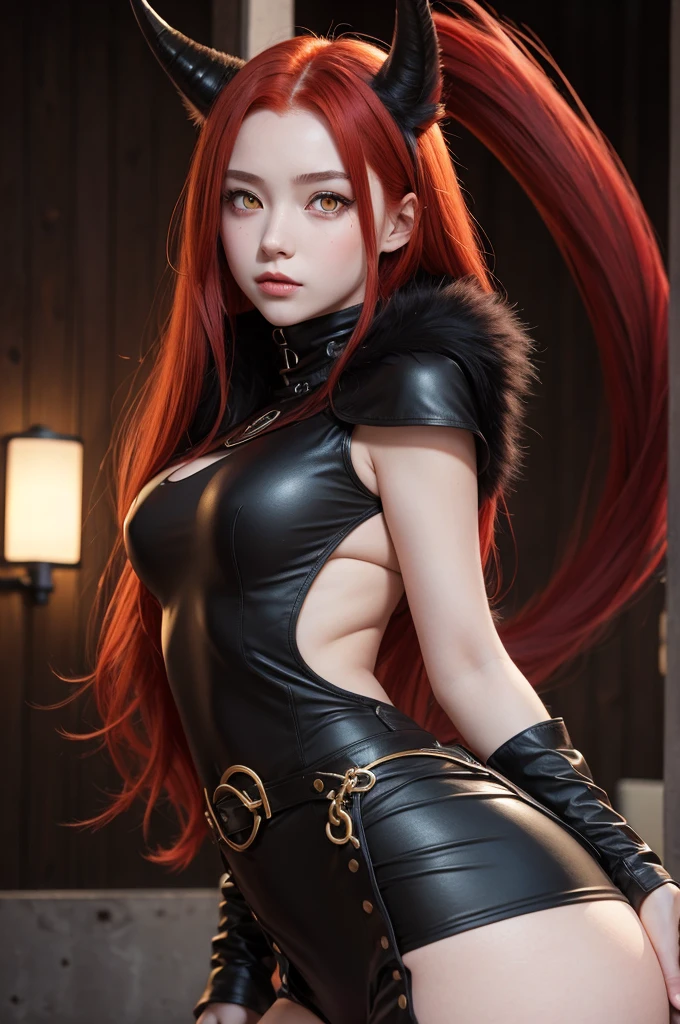 a girl with red hair, yellow  eyes, black horn and tail 