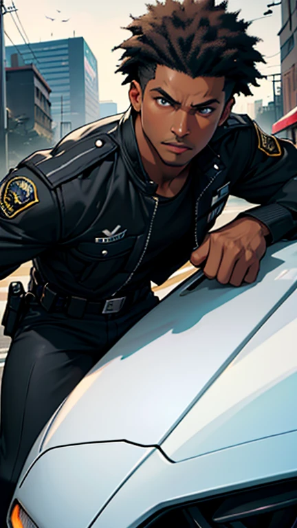 Realistic image of police officer Cross from Need for Speed: Most Wanted, with short afro hair and serious expression, black skin, next to his black and white police Corvette C6R, in a city chase."