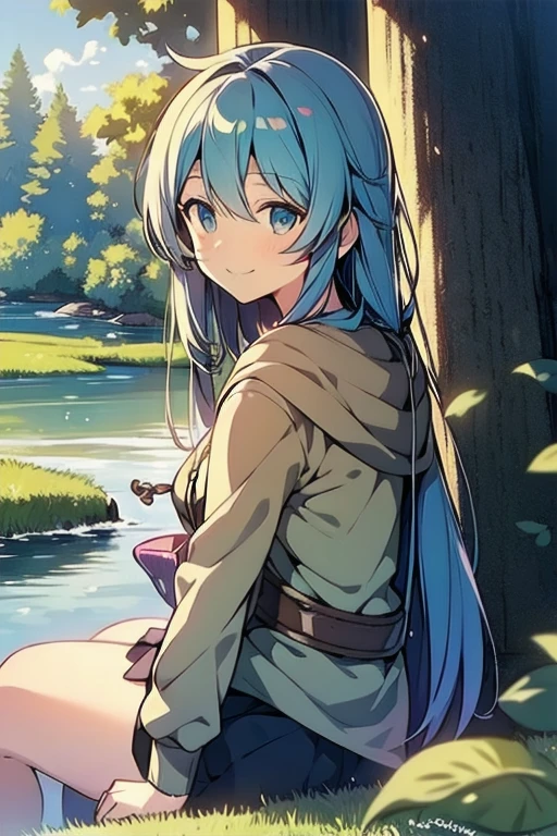 masterpiece, super details, best quality, (eria ygo), smile, long hair, light blue hair, sitting, river, forest, duel monsters