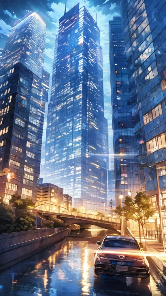 A glowing cityscape at night, with towering skyscrapers and flying cars. Anime style.