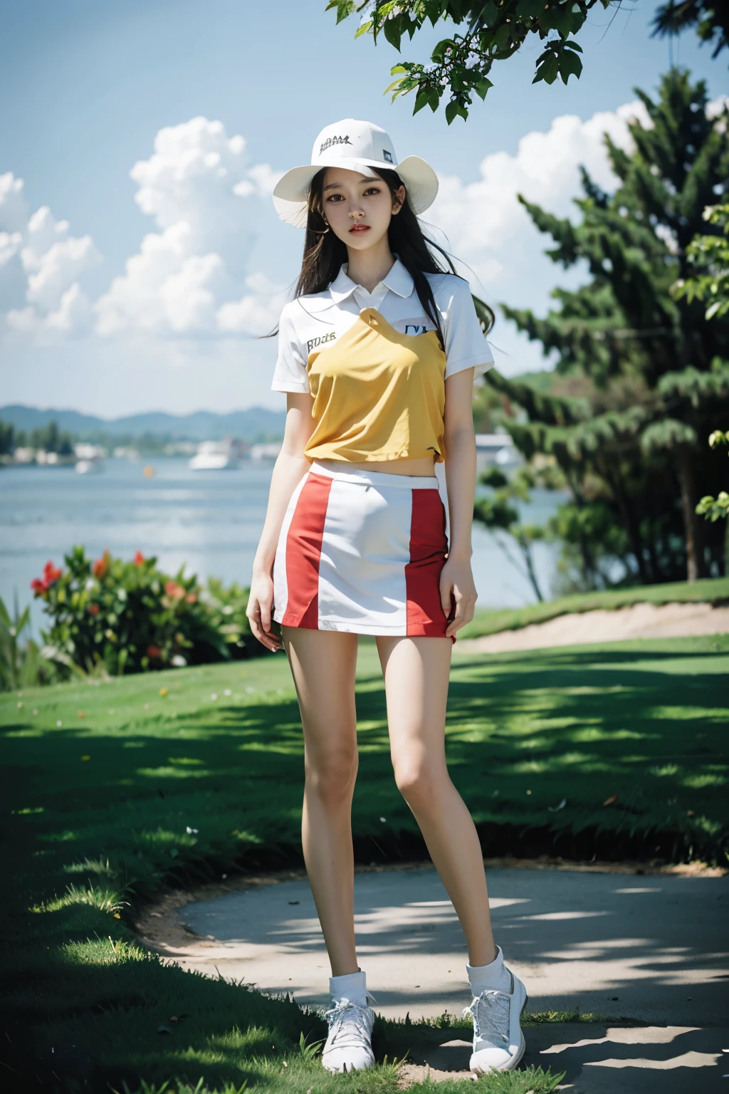 Jang Gyu-ri,1 woman, dynamic angle, From the golf course view, full body view, white golf tee shirts, With golden accessories, Light Tracing, (long hair blowing in the wind), hot sun, (white golf hat),professional model, (realistic:1.4), official art, fractal art,unity 8k wallpaper, very detailed, beautiful and aesthetic,look at the viewer, masterpiece,best quality, glowing skin, cinematic lighting