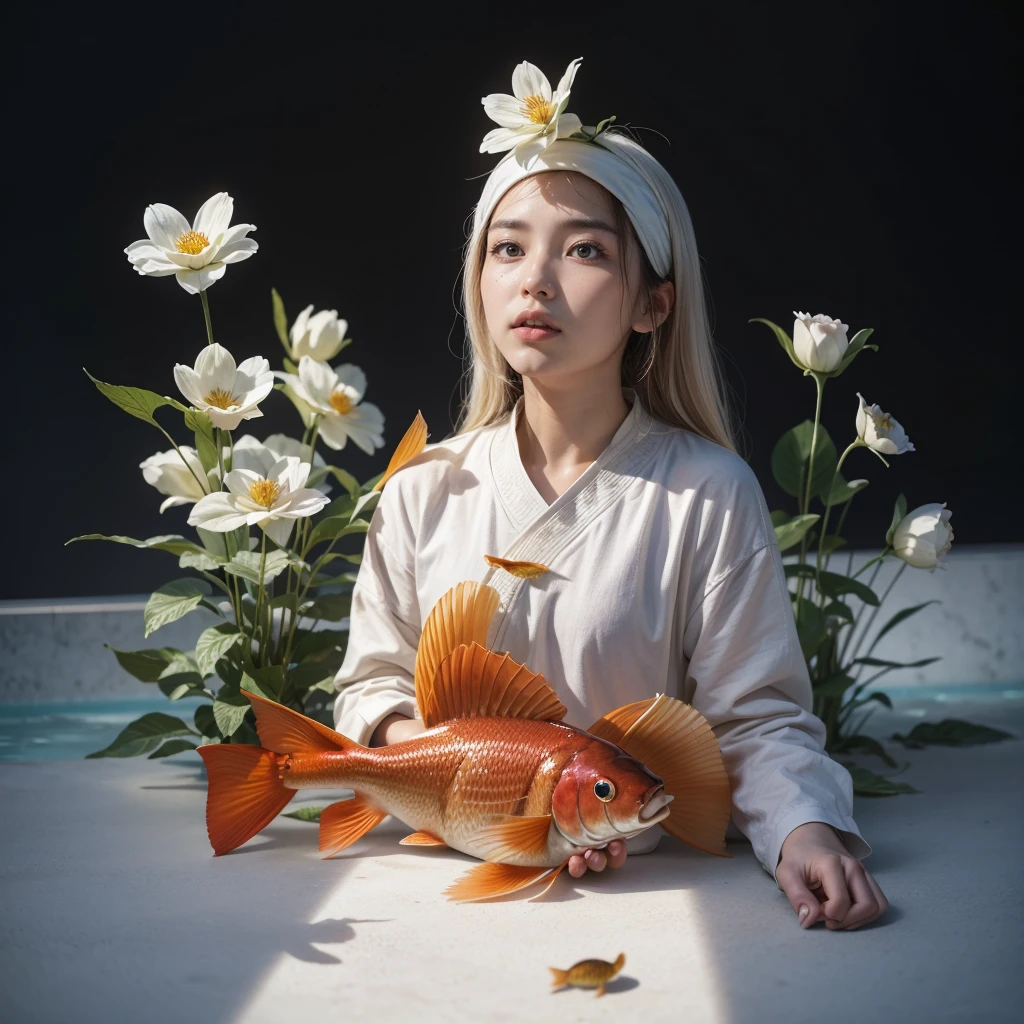 huaniao, [(white background:1.5)::5], mid shot, full body, chinese style, flowers,((fish)),stone fragment, beautiful detailed water,pool,