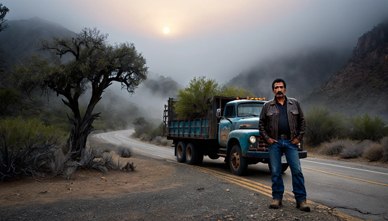 001: Create a detailed and ultra-realistic night scene in a 16:9 format featuring a rugged and isolated road winding through the Sierra Madre mountains. A large, weathered truck with "Martínez Transportes" painted on the side is parked on the roadside. The truck's headlights cast long beams through the dense fog, partially illuminating the rocky terrain and sparse, twisted trees. Standing beside the truck is Juan Martínez, a 45-year-old truck driver known for his bravery and determination. He has a weathered face, dark eyes, and short-cropped hair, wearing a worn leather jacket, jeans, and sturdy boots. Juan looks ahead with a skeptical yet wary expression, as if sensing something unusual. The atmosphere is eerie, with an unsettling silence broken only by the distant howling of the wind. Shadows dance in the fog, hinting at the supernatural presence Juan has always doubted. The background features the rugged, mist-shrouded peaks of the Sierra Madre, enhancing the mysterious and foreboding mood of the scene.