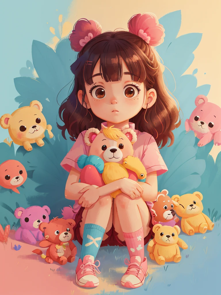 Luna , a 4 year old girl with her teddy bear, blue, pink, pastel yellow, bright theme, HD, 4K