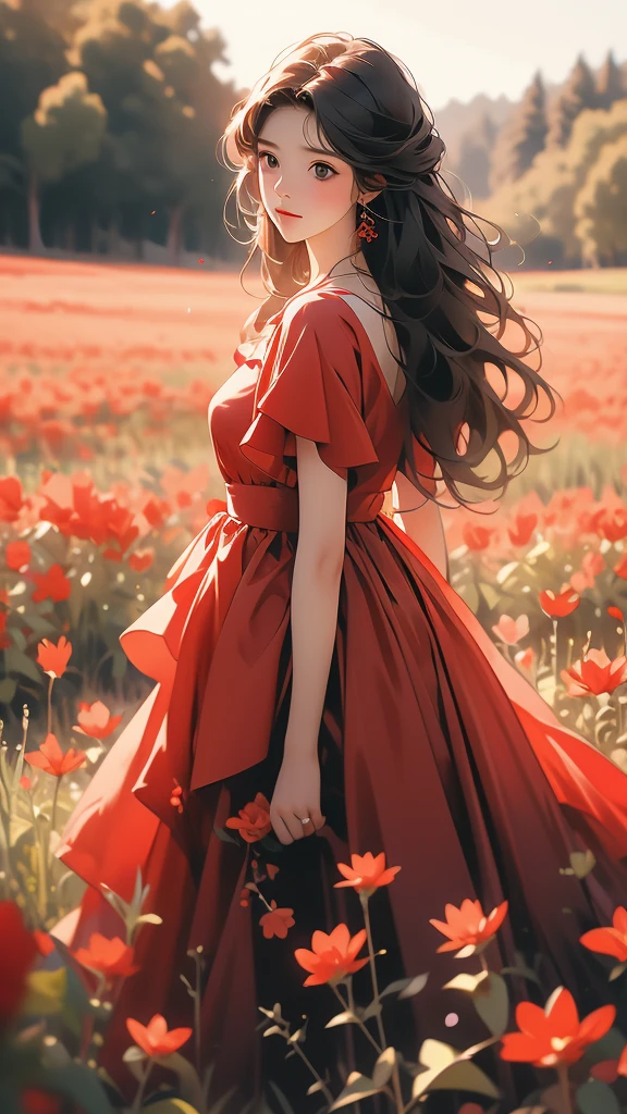 a woman wearing a red dress standing in a field of red flowers, 1girl, flower, field, solo, red dress, dress, black hair, flower field