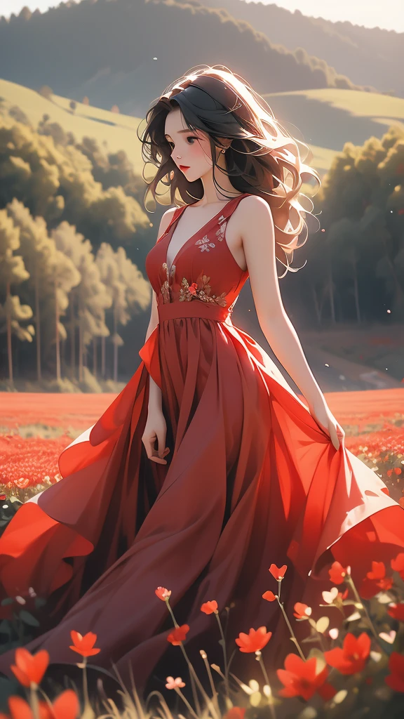 a woman wearing a red dress standing in a field of red flowers, 1girl, flower, field, solo, red dress, dress, black hair, flower field