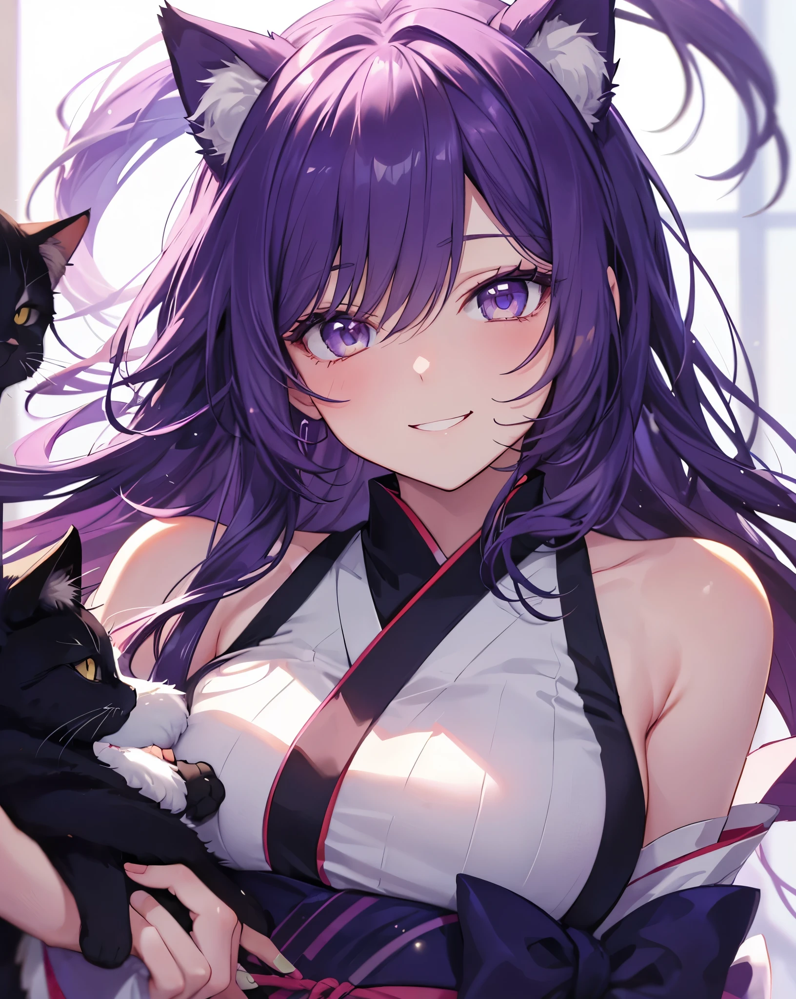 Portrait of a 24 years old catgirl smiling and winks. She has purple hair with black reflexes and fluffy cat ears. She's sexy, bare shoulders, super cool assassin's kimono.
Random anime scenery.