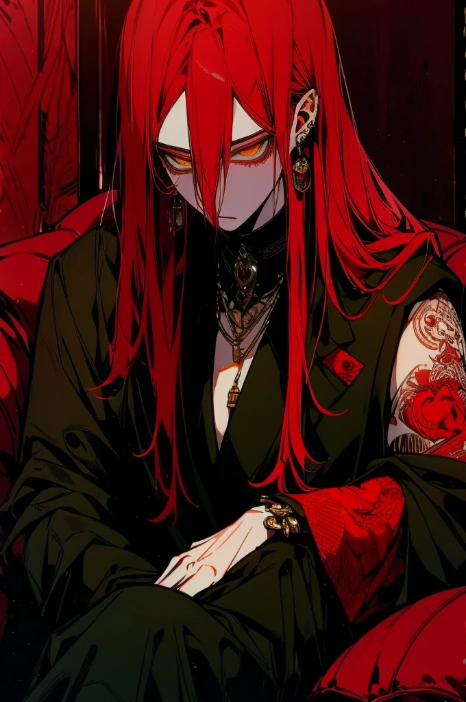hombre de clear skin,_(clear skin),amber eyes,(amber eyes),long straight hair,(red hair),wearing an elegant suit,(wearing a dark colored suit),with tattoos on the arm,(with dragon tattoos on his left arm),sitting in a bar,(having a drink in a fancy bar),(good quality image),sitting on a sofa,(sitting on a sofa),with a glass of wine in his right hand