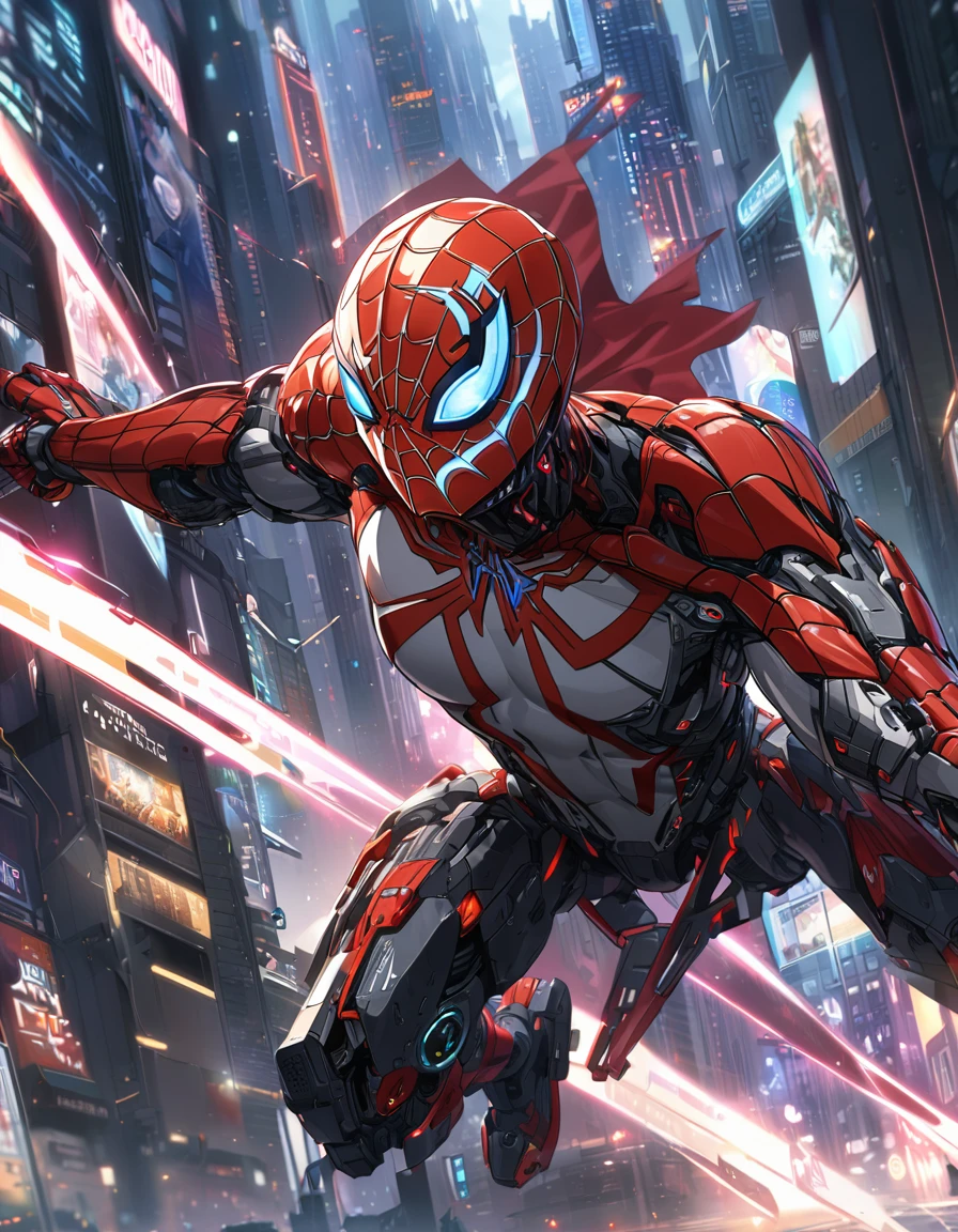 A Spider-Man in Cybernetic City, ultra detail, high resolution, anime, companies, web shot, glowing eyes
