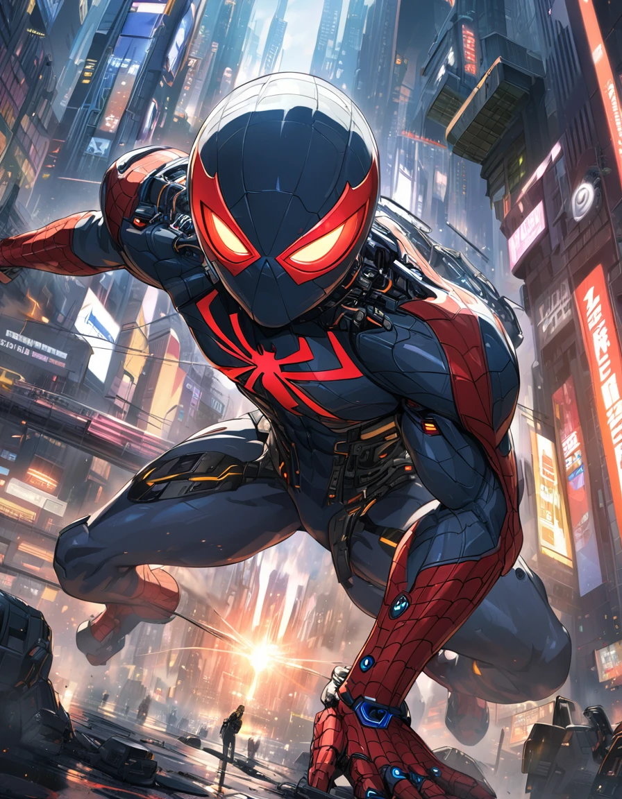 A Spider-Man in Cybernetic City, ultra detail, high resolution, anime, companies, web shot, glowing eyes