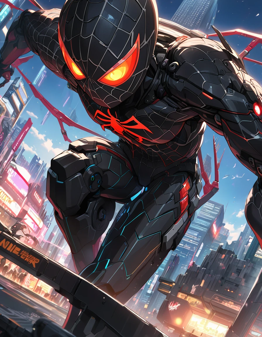 A Spider-Man in Cybernetic City, ultra detail, high resolution, anime, companies, web shot, glowing eyes