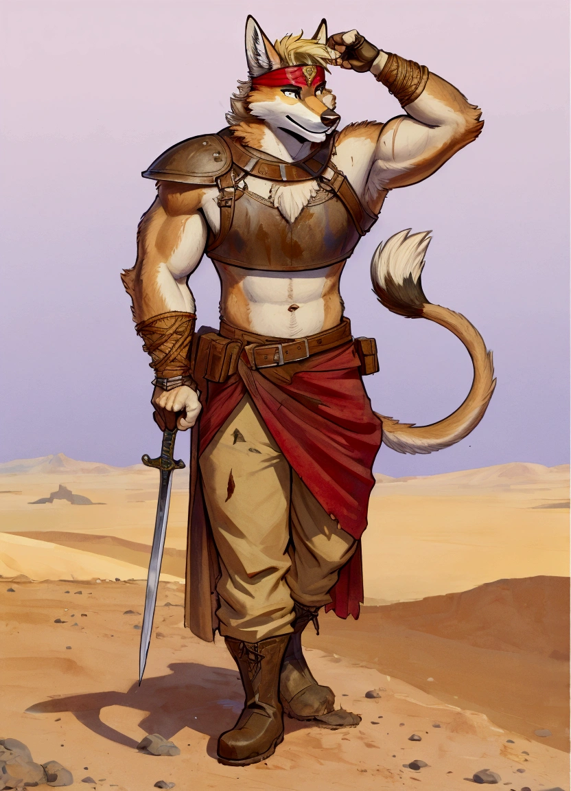 Handsome young anthro furry desert coyote fox male, desert ancient times mercenary solider-assasin murderer, handsome model look gay apperance, handsome muscules, tall, handsome muzzle, handsome shag headband, ruffled old stained tunic with very short sleeves, The glint of his short-sleeved chainmail, exposed beneath the loose-fitting tunic traditionally worn by desert dwellers, caught the dim light. Leather straps crisscrossed over the chainmail, securing various pouches and a sturdy beltyawning pants tied with old leather boots on anthro foot, on the tunic old leather harness with scanty rusty breastplate with armlet, old leather bracers, fingerless gloves, old worn out clothing, old worn out armament, sword scars, desert ancient village street, hot climate, ancient desert times, playfull dirty smile, standing on the shadow street, proffesional digital furry drawing art