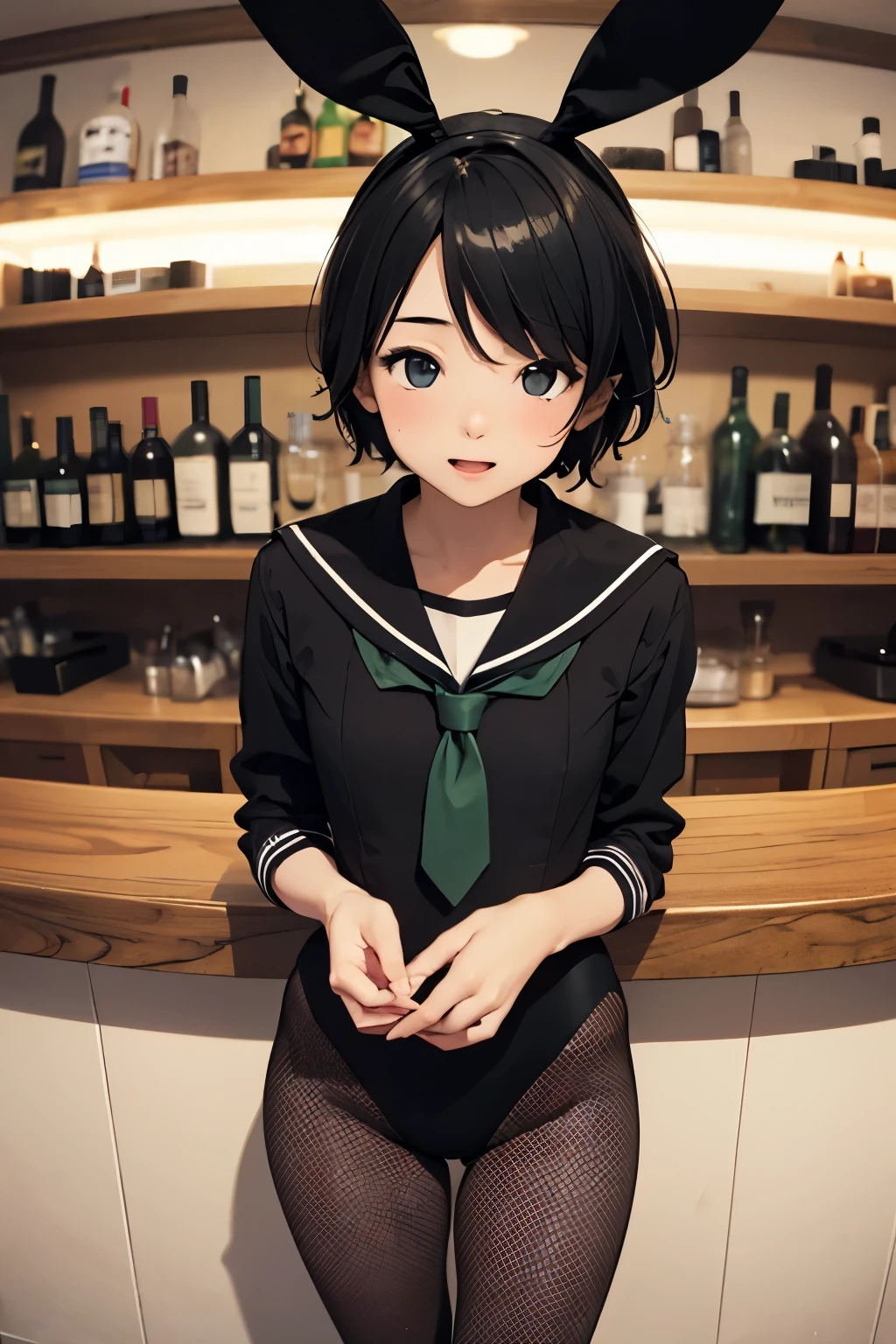 ((masterpiece,best quality)), highres, extremely detailed 8K wallpaper, depth_of_field, best shadow, (Colorful),(Delicate eyes and face), nice hand, Perfect hands, volumatic light, Ray tracing, BREAK
(1girl in), mogami \(kancolle\), black hair, short hair, black eyes / green eyes, swept bangs, small breasts, slender, skinny, open mouth, smile, blush, BREAK,
(wear white  top over black playboy_bunny leotard:1.3), (sailor collar:1.5), (red tie:1.3), (white fake animal ears), (Parted clothes at the top and bottom:1.2), (short sleeves:1.1), (black BunnyGirl Costume:0.8), (fishnet stockings:1.2), High heels, (rabbit_tail:1.2), BREAK,
Cowboy Shots, Looking at Viewer, stomach focus, inside the bar, Ultra detailed backgrounds,