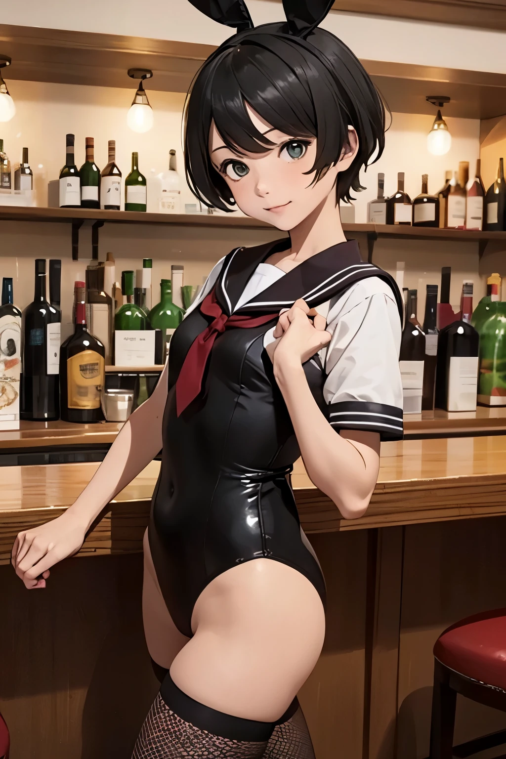 ((masterpiece,best quality)), highres, extremely detailed 8K wallpaper, depth_of_field, best shadow, (Colorful),(Delicate eyes and face), nice hand, Perfect hands, volumatic light, Ray tracing, BREAK
(1girl in), mogami \(kancolle\), black hair, short hair, black eyes / green eyes, swept bangs, small breasts, slender, skinny, open mouth, smile, blush, BREAK,
(wear white  top over black playboy_bunny leotard:1.3), (sailor collar:1.5), (red tie:1.3), (white fake animal ears), (Parted clothes at the top and bottom:1.2), (short sleeves:1.1), (black BunnyGirl Costume:0.8), (fishnet stockings:1.2), High heels, (rabbit_tail:1.2), BREAK,
Cowboy Shots, Looking at Viewer, stomach focus, inside the bar, Ultra detailed backgrounds,