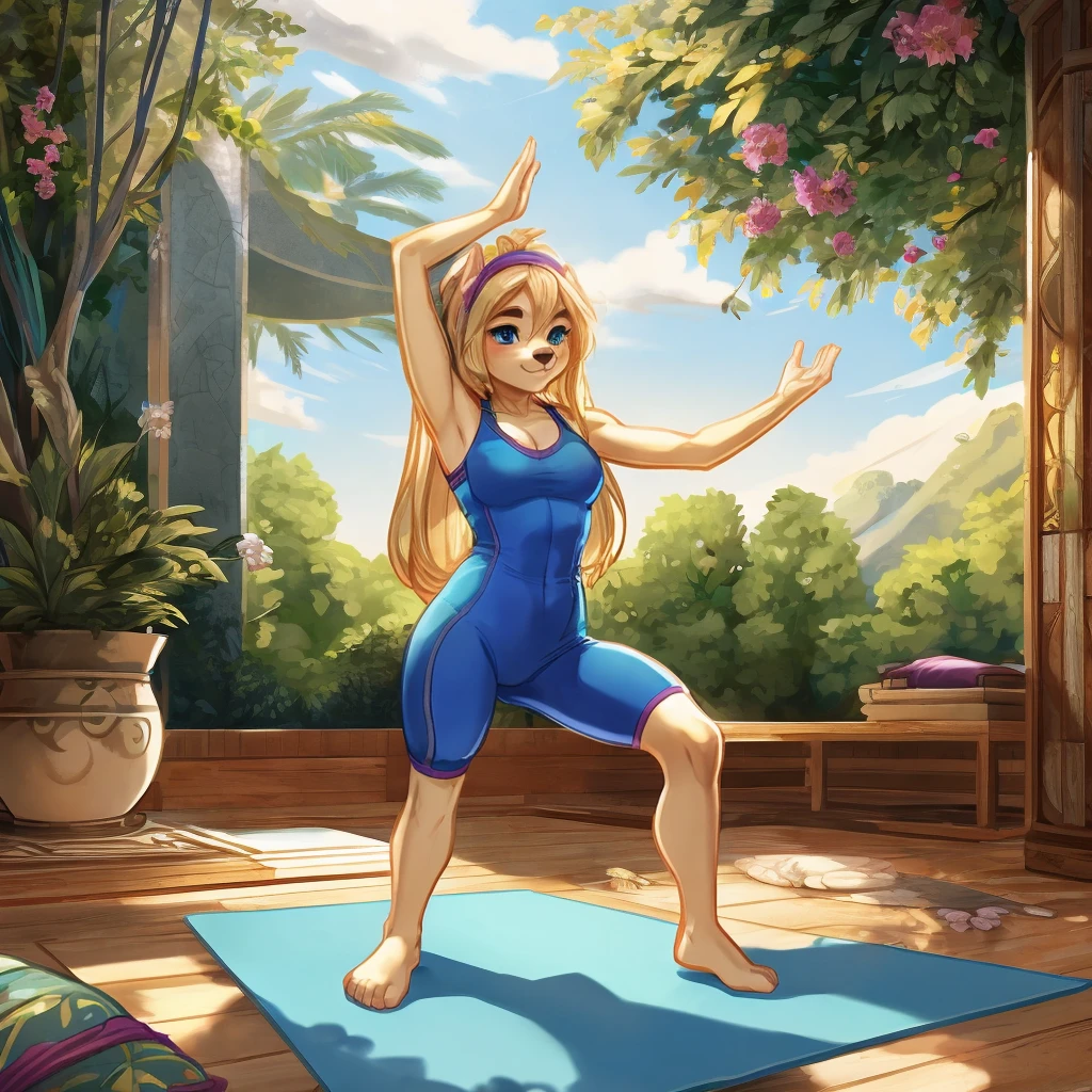 (By pollo chan), (1 furry girl), in a tranquil garden, scene focusing on the furry girl number 1 in a yoga pose, dog girl, (yoga pose), golden fur, blonde long hair, calm blue eyes, serene expression, yoga outfit, stretching gracefully, headband, barefoot, athletic build, yoga mat, peaceful ambiance, natural scenery, blooming flowers, soft sunlight, zen garden, (detailed background), meditative state, harmonious environment, relaxed posture), mindfulness, tranquil beauty, inner peace, serene atmosphere, yoga studio details, add_detail:1, yoga tranquility.