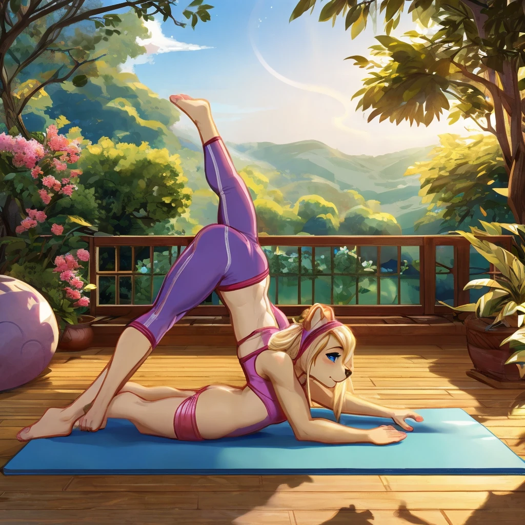 (By pollo chan), (1 furry girl), in a tranquil garden, scene focusing on the furry girl number 1 in a yoga pose, dog girl, (yoga pose), golden fur, blonde long hair, calm blue eyes, serene expression, yoga outfit, stretching gracefully, headband, barefoot, athletic build, yoga mat, peaceful ambiance, natural scenery, blooming flowers, soft sunlight, zen garden, (detailed background), meditative state, harmonious environment, relaxed posture), mindfulness, tranquil beauty, inner peace, serene atmosphere, yoga studio details, add_detail:1, yoga tranquility.