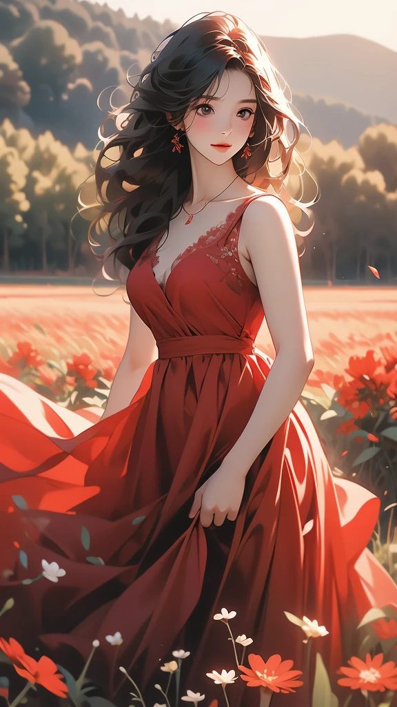 a woman in a field looking into the camera with long red dress, 1girl, flower, field, solo, red dress, dress, black hair, flower field