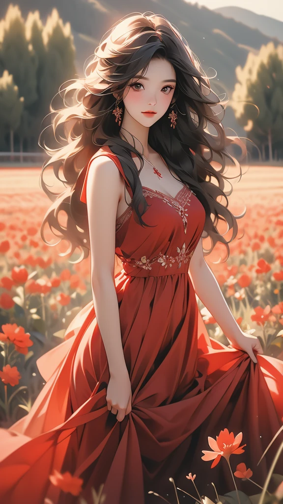 a woman in a field looking into the camera with long red dress, 1girl, flower, field, solo, red dress, dress, black hair, flower field