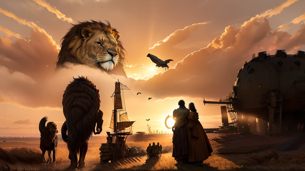 A man and a woman taking hands, a giant lion behind them, on a sunset field