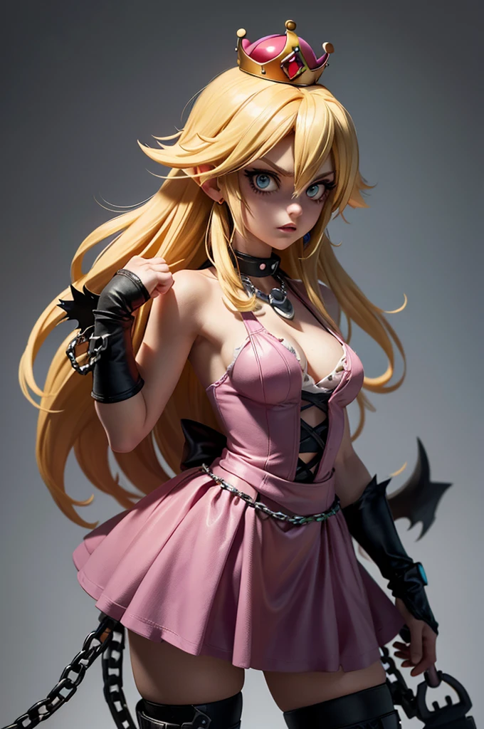 "Create a gritty, punk-style image featuring three characters: a distressed version of Princess Peach with long blonde hair, wearing a torn pink dress with a crown logo, and chains around her wrists. She stands between zombie-like versions of Mario and Luigi, both in their signature outfits but looking ragged and chained. The background is dark and grungy with a post-apocalyptic vibe. Include the 'Super Mario' and 'Super Nintendo' logos, a floating 1-Up mushroom, and other small details enhancing the dark theme. Use a detailed and somewhat grotesque comic book art style with heavy shading and textures."
