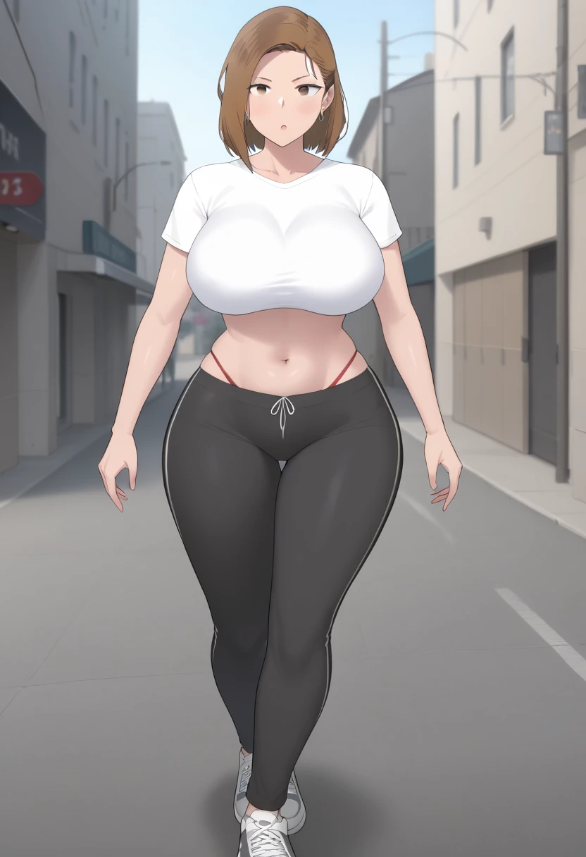 A brown-haired woman with big breasts and wide hips, wearing  with a red thong, carrying her butt and a white t-shirt tight to her big breasts, walked down the street 