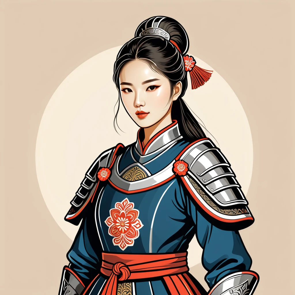 female	knight	in korean folk outfit	,vector graphics, strong contours, logo design																						