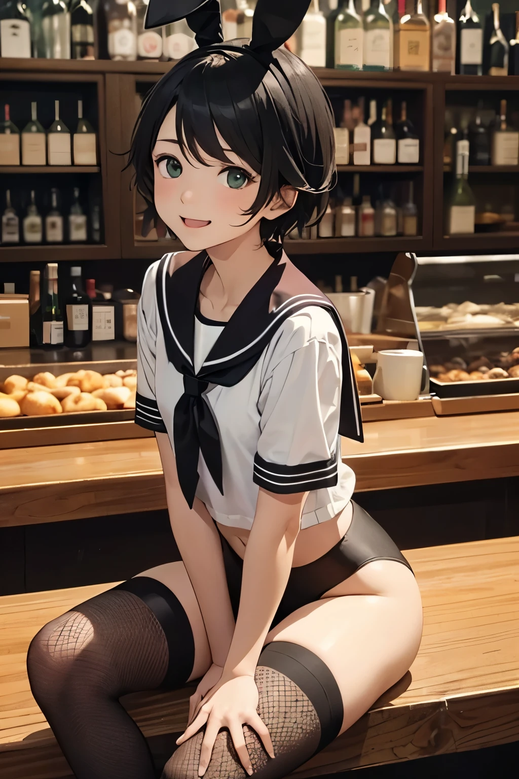 ((masterpiece,best quality)), highres, extremely detailed 8K wallpaper, depth_of_field, best shadow, (Colorful),(Delicate eyes and face), nice hand, Perfect hands, volumatic light, Ray tracing, BREAK
(1girl in), mogami \(kancolle\), black hair, short hair, black eyes / green eyes, swept bangs, small breasts, slender, skinny, open mouth, smile, blush, BREAK,
(wear white  top over black playboy_bunny leotard:1.3), (sailor collar:1.5), (red tie:1.3), (white fake animal ears), (Parted clothes at the top and bottom:1.2), (short sleeves:1.1), (black BunnyGirl Costume:0.8), (fishnet stockings:1.2), High heels, (rabbit_tail:1.2), BREAK,
Cowboy Shots, Looking at Viewer, stomach focus, inside the bar, Ultra detailed backgrounds,