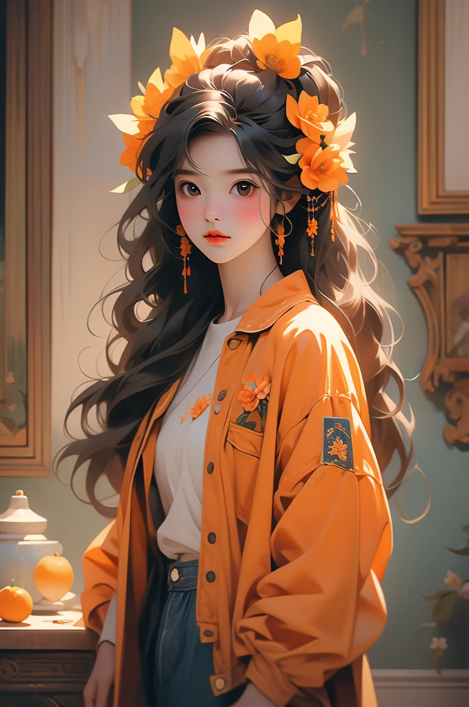 a painting of the doll is the artist's interpretation of a girl holding an orange flower, 1girl, solo, denim jacket, flower, long hair, holding flower, hair ornament, realistic, hair flower, holding