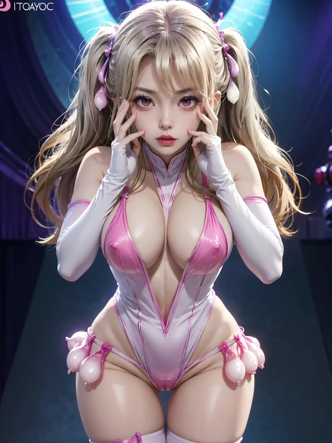 8k, ray tracing, vibrant colors, so embarrassed girl, illya, slim figure, masterpiece, sharp focus, Best Quality, depth of field, cinematic lighting, wearing a very detailed transparent white summer dress, ((condom belt, condom_hair_ornament, so embarrassed, blush)), elbow gloves, Perfect eyes, perfect hair, Rich in details and textures, masterpiece, Best Quality, Chica anime illya hair blanco hair muy largo y desordenado, two tails, Red eyes, long eyelashes, Very marked cameltoe, pink makeup and pink eyeshadow makeup, huge breasts, beautiful woman, Sun light, playa, illya, transparent white summer dress, bridal garter, Very erect nipples, large silicone implants, large silicone , chiaroscuro, (perfect hands:0.7, Clean hands:0.7), ((((Professional photography)))), ((Dream)), Whole body