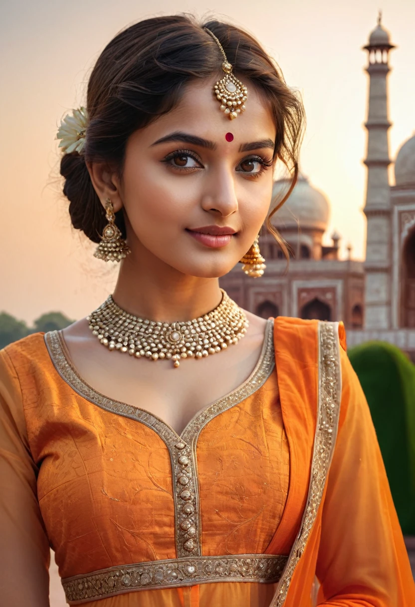 beautiful detailed eyes, beautiful detailed lips, extremely detailed eyes and face, long eyelashes, 1girl, beautiful indian girl, traditional anarkali orange frock, standing against taj mahal, different poses, slight smile, (best quality,4k,8k,highres,masterpiece:1.2),ultra-detailed,(realistic,photorealistic,photo-realistic:1.37),HDR,UHD,studio lighting,ultra-fine painting,sharp focus,physically-based rendering,extreme detail description,professional,vivid colors,bokeh,portraits,concept artists,cinematic lighting,golden hour