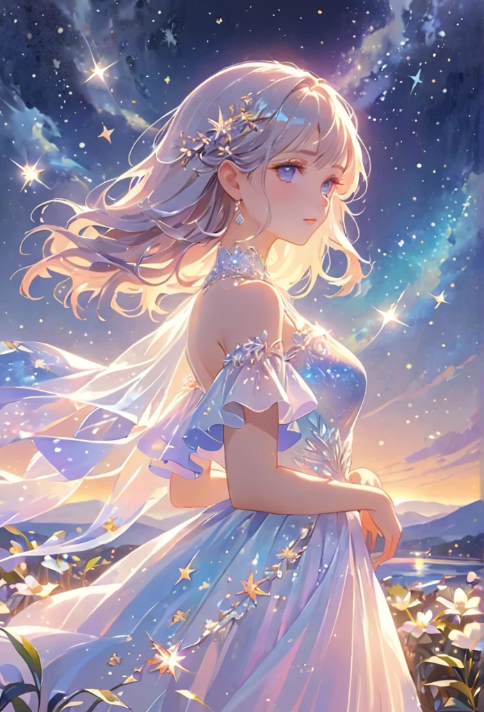 A girl standing alone under the starry night sky, with her silhouette illuminated by the soft moonlight and twinkling stars. Her face is beautifully detailed, with mesmerizing eyes that seem to reflect the universe itself, long and fluttering eyelashes, and exquisitely defined lips. She is dressed in an elegant gown, flowing and ethereal, embracing her figure gracefully as it glimmers with a subtle celestial glow. The intricate details of her dress catch the faint starlight, creating a mesmerizing sparkle. The surrounding landscape showcases a serene garden, lush with vibrant foliage and colorful flowers. The air is filled with a gentle breeze, causing the leaves to rustle and the flowers to sway delicately. The garden is bathed in a warm, dreamy color palette, with hues of deep blues, purples, and hints of silver. The atmosphere is calm and tranquil, evoking a sense of peace and serenity. The artwork is of the highest quality, meticulously created with ultra-detailed brushstrokes and precise attention to every element. The texture and depth of the painting are breathtaking, with a sense of realism and photorealism that captures the awe-inspiring beauty of the night sky. The lighting is soft and diffused, casting a gentle glow over the entire scene, enhancing the magical ambiance. The girl's presence radiates a sense of mystery and wonder, as if she holds a secret connected to the celestial beings above. The overall composition evokes a feeling of timelessness and captures the essence of a StarSign, an artwork that embodies the celestial beauty and inner strength of a girl in harmony with the stars.