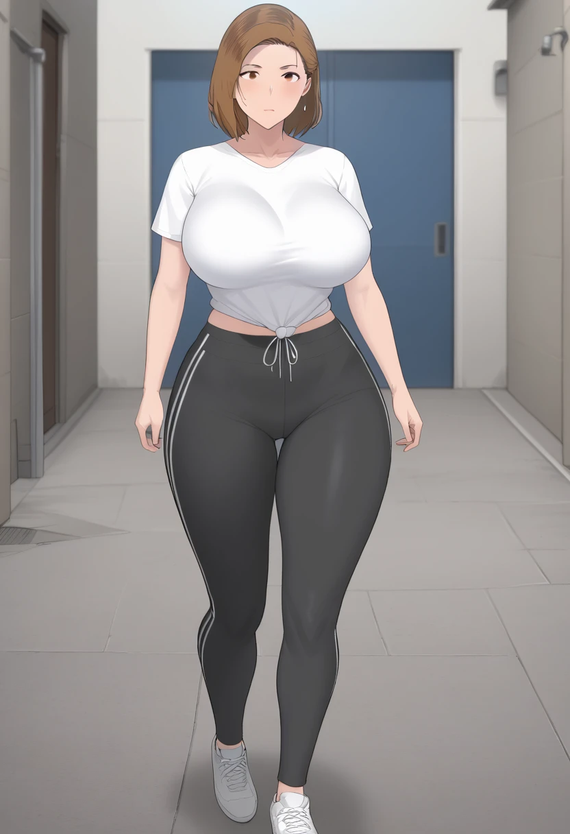 A brown-haired woman with  and wide , wearing  with a red , carrying her  and a white t-shirt tight to her , walked down the street 