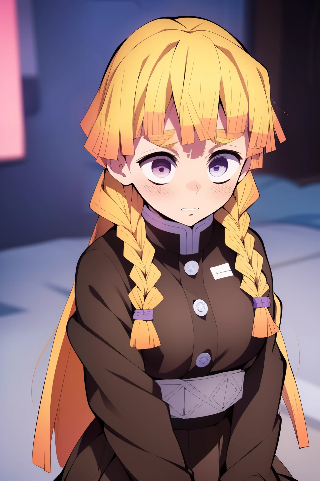 Ultra detailed, Zenitsu  female girl 15 year old , long blonde hair braided  frinje,  scared face , blush, (kimetsu no yaba )  black uniform ,yelow haori  , medium breasts , skirt, sexy .