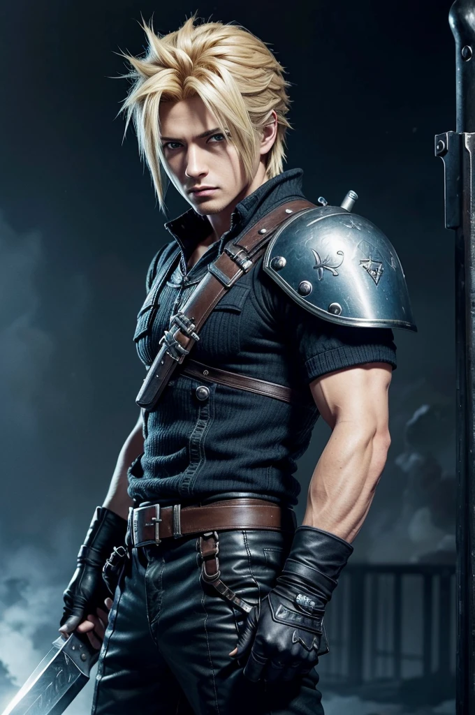 1 man, Cloud Strife from Final Fantasy VII, extremely detailed face and body, highly detailed hair, intricate facial features, piercing blue eyes, defined musculature, military uniform, Buster Sword, dramatic lighting, cinematic angle, realistic, photorealistic, 8k, high resolution, hyperdetailed, masterpiece